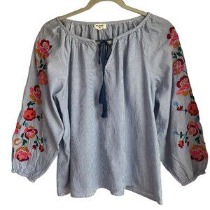 World Market Womens Sz Medium Blouse Blue White Striped Sleeve Embroidered Boho